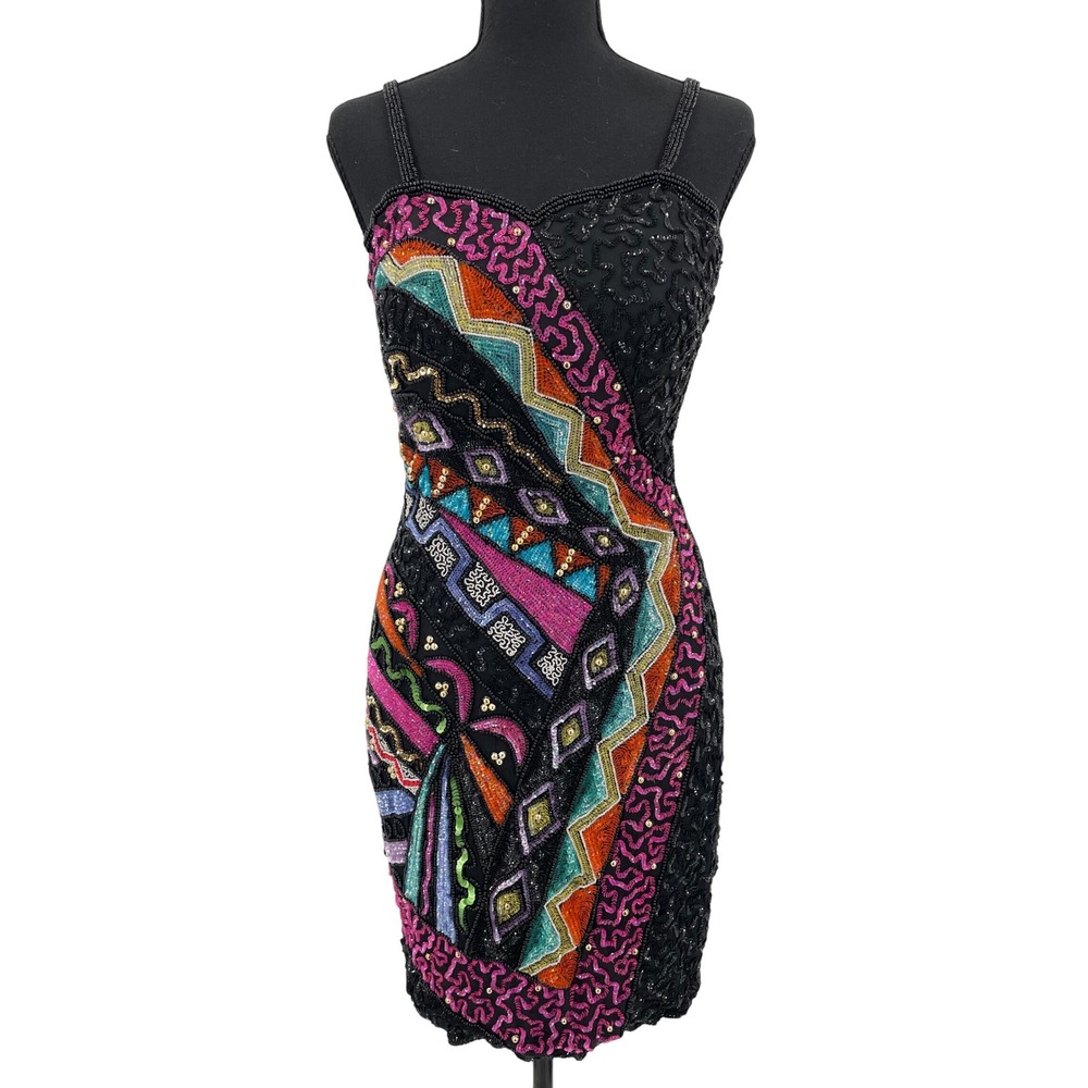 Together! Beaded Dress Tagged Women 8 fits Smaller Black Silk Multi Sequin VTG